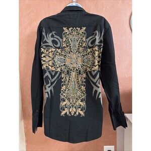 Bizzo Women’s Blouse Button Up Cross  Design On Back Studs Rhinestones Size L